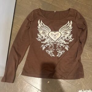 Brown Long Sleeve Top with Heart and Wings Design